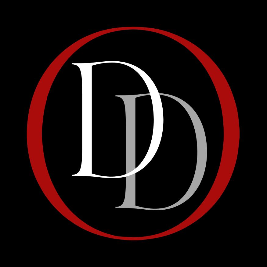 Dark Desires Event logo is a blood red circle on a black background with one white D and one grey D in an elegant font in the the center.